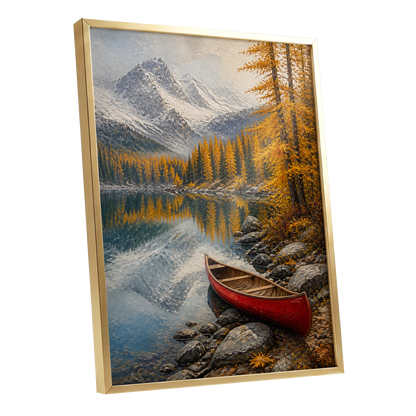Autumn Lake Stillness, gold, gray, blue nature wall art shown as a gold framed poster wall art print