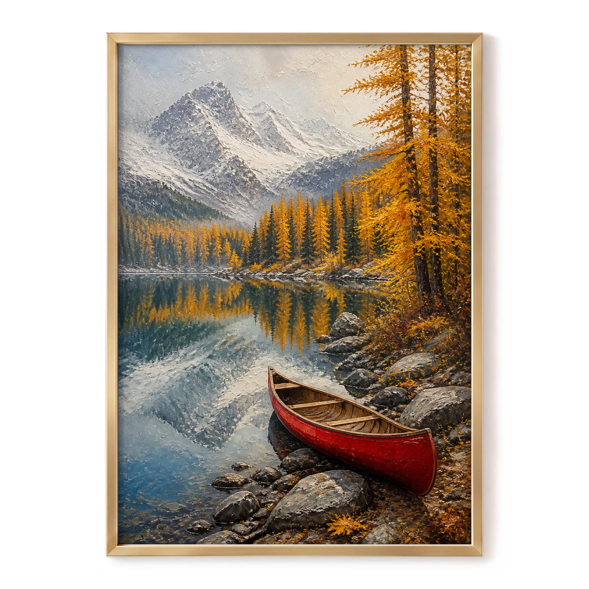 Autumn Lake Stillness, gold, gray, blue nature wall art, front artwork view