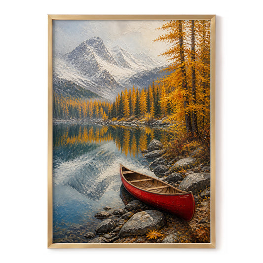 Autumn Lake Stillness, gold, gray, blue nature wall art, front artwork view