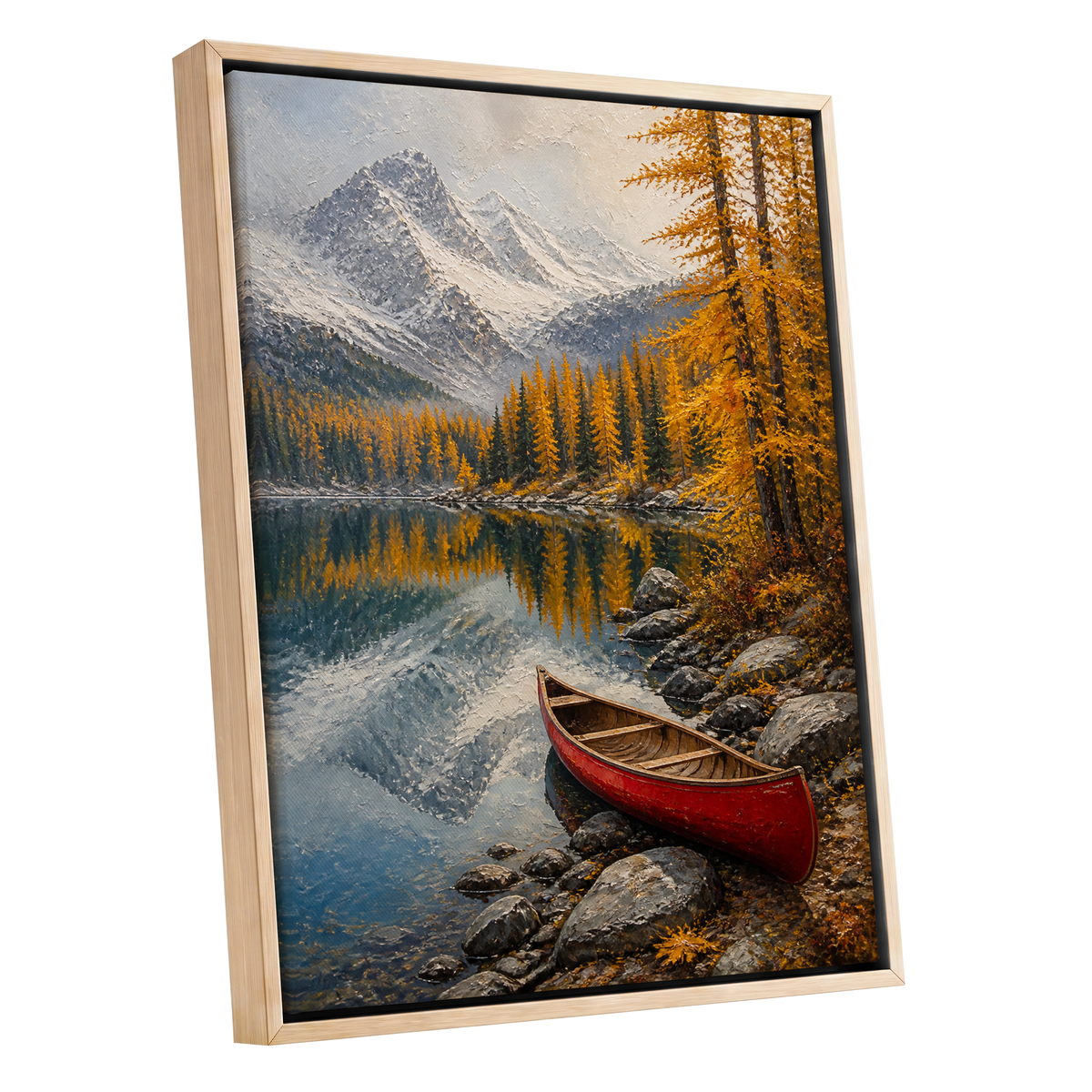 Autumn Lake Stillness, gold, gray, blue nature wall art shown as a oak framed canvas wall art