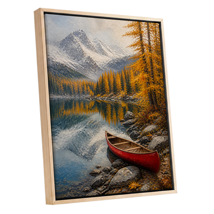 Autumn Lake Stillness, gold, gray, blue nature wall art shown as a oak framed canvas wall art