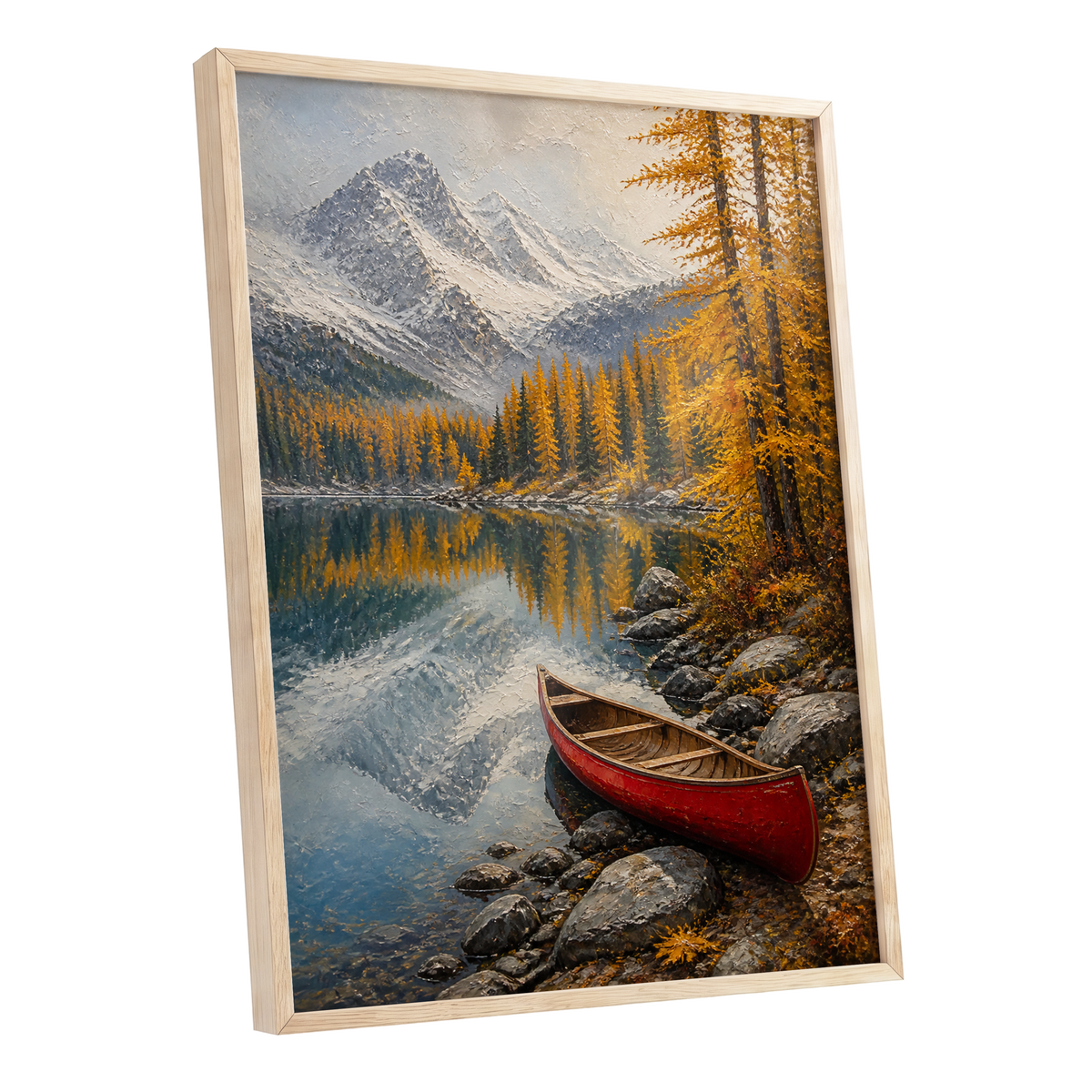 Autumn Lake Stillness, gold, gray, blue nature wall art shown as a oak framed poster wall art print