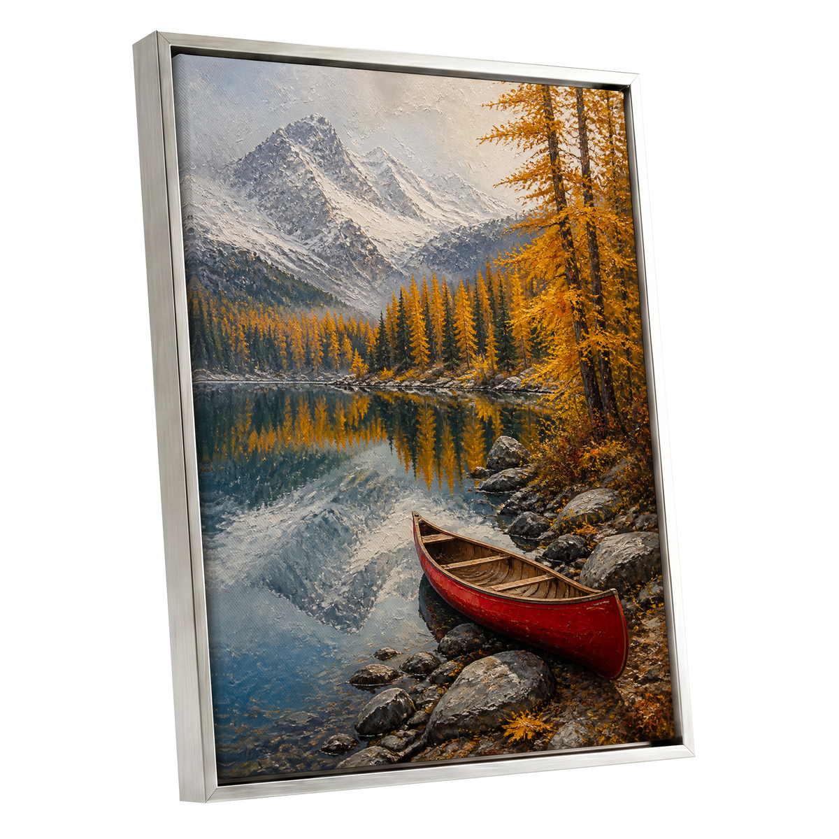 Autumn Lake Stillness, gold, gray, blue nature wall art shown as a silver framed canvas wall art