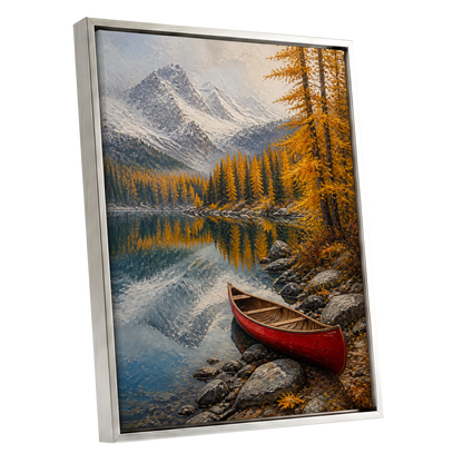 Autumn Lake Stillness, gold, gray, blue nature wall art shown as a silver framed canvas wall art