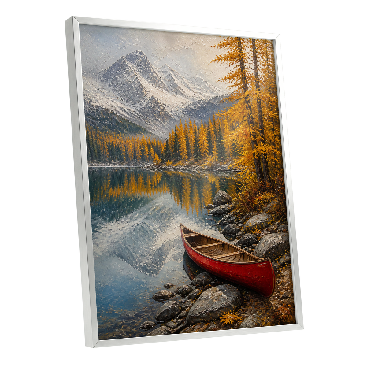 Autumn Lake Stillness, gold, gray, blue nature wall art shown as a silver framed poster wall art print