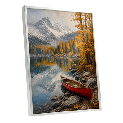 Autumn Lake Stillness, gold, gray, blue nature wall art shown as a silver framed poster wall art print