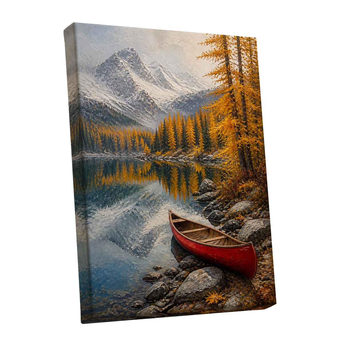 Autumn Lake Stillness, gold, gray, blue nature wall art shown as a stretched canvas wall art