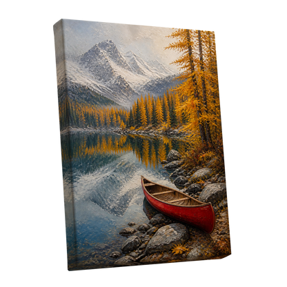 Autumn Lake Stillness, gold, gray, blue nature wall art shown as a stretched canvas wall art