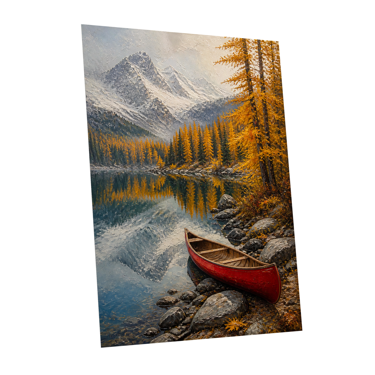 Autumn Lake Stillness, gold, gray, blue nature wall art shown as a unframed poster wall art print