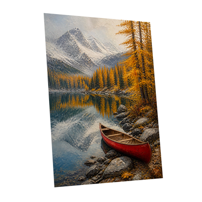 Autumn Lake Stillness, gold, gray, blue nature wall art shown as a unframed poster wall art print