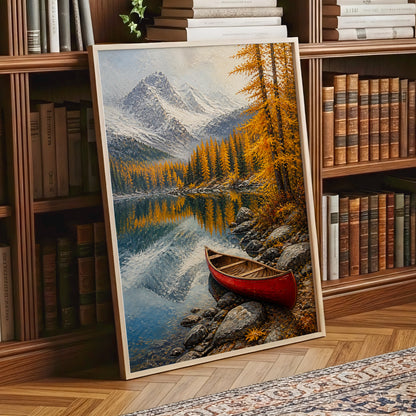 Autumn Lake Stillness, gold, gray, blue nature wall art displayed in a styled interior, gallery view 1
