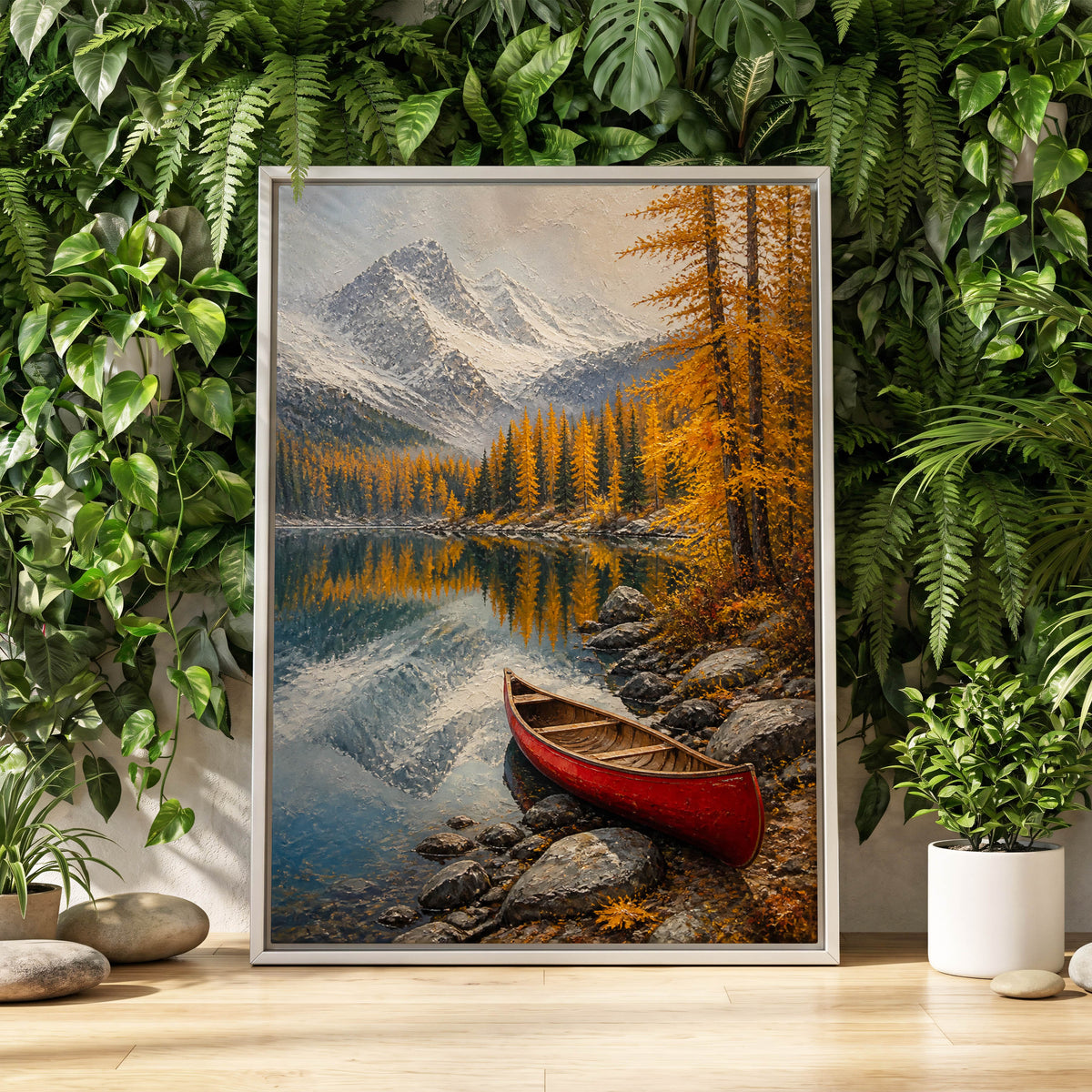 Autumn Lake Stillness, gold, gray, blue nature wall art displayed in a styled interior, gallery view 2
