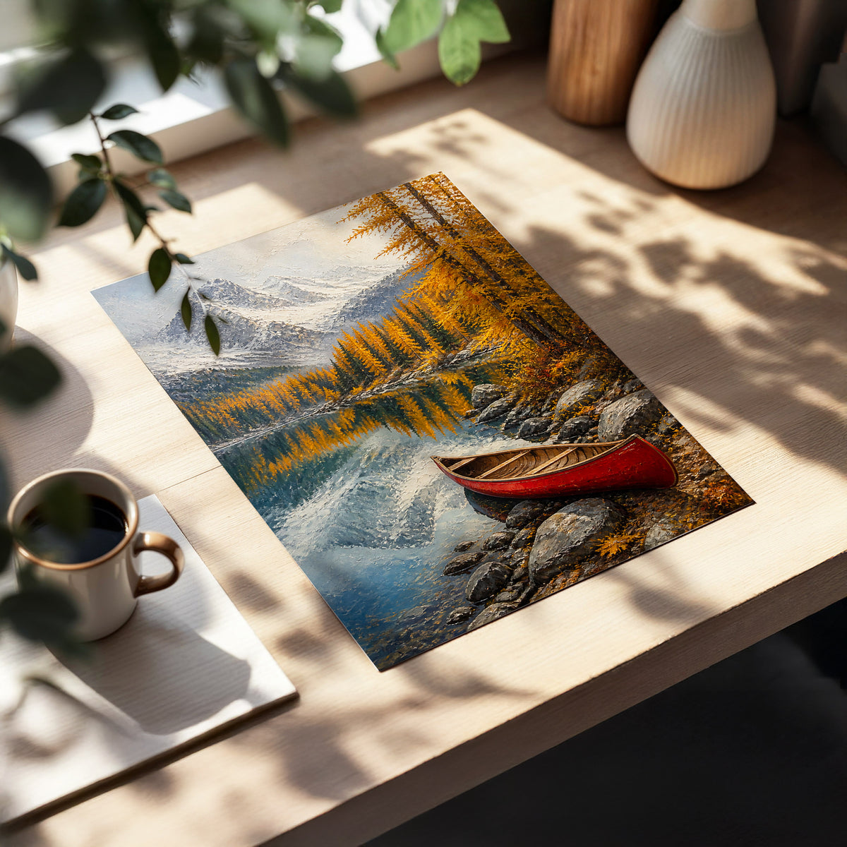 Autumn Lake Stillness, gold, gray, blue nature wall art displayed in a styled interior, gallery view 3