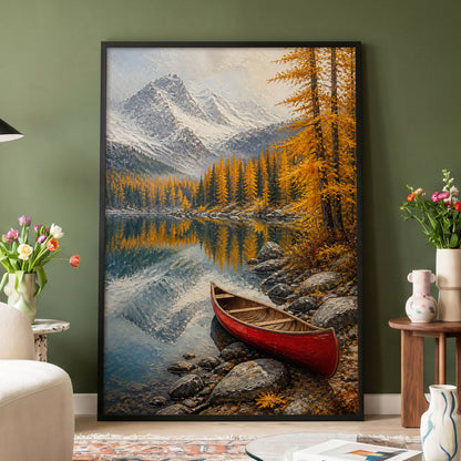 Autumn Lake Stillness, gold, gray, blue nature wall art displayed in a styled interior, gallery view 4