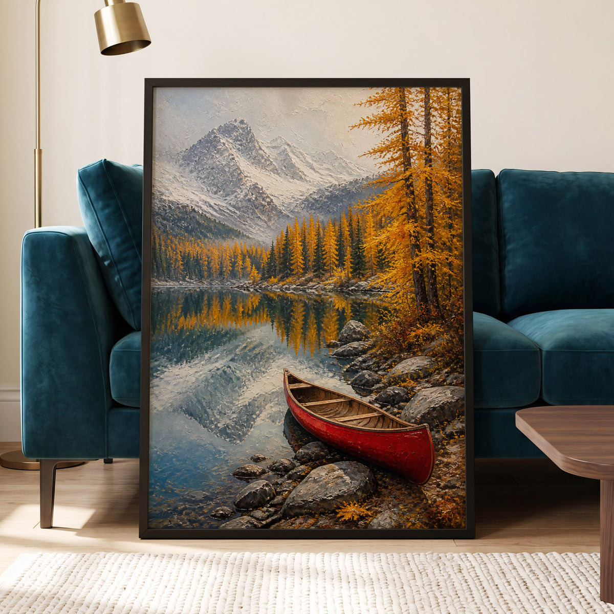 Autumn Lake Stillness, gold, gray, blue nature wall art displayed in a styled interior, gallery view 5