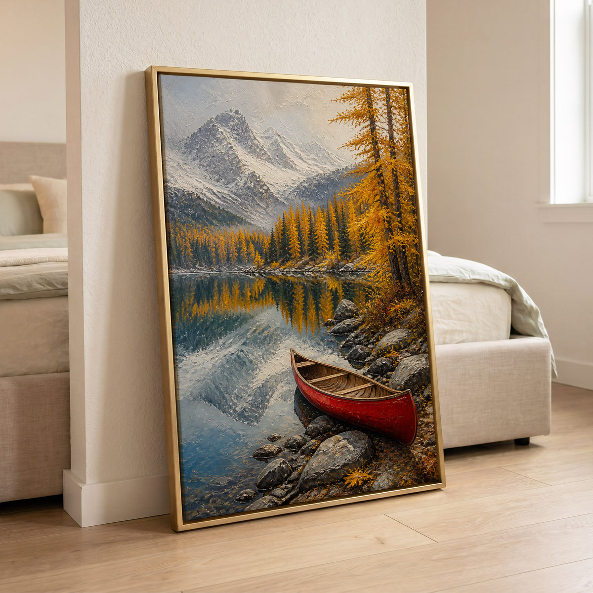Autumn Lake Stillness, gold, gray, blue nature wall art displayed in a styled interior, gallery view 6