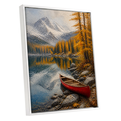 Autumn Lake Stillness, gold, gray, blue nature wall art shown as a white framed canvas wall art