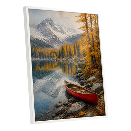 Autumn Lake Stillness, gold, gray, blue nature wall art shown as a white framed poster wall art print