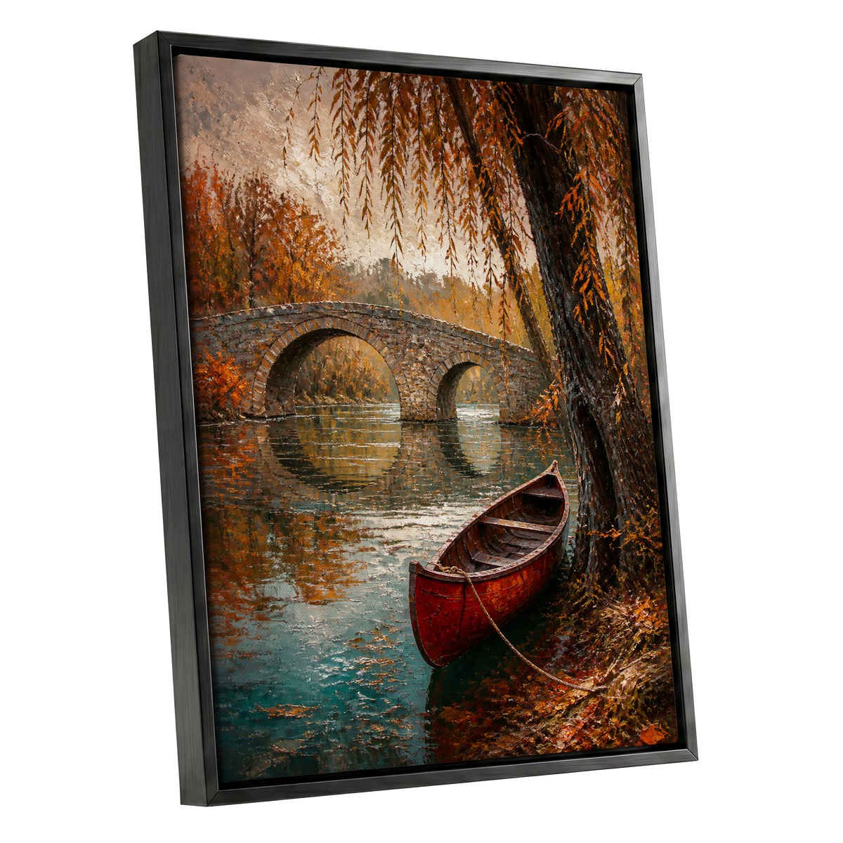 Autumn Mooring, brown, orange, green nature wall art shown as a black framed canvas wall art