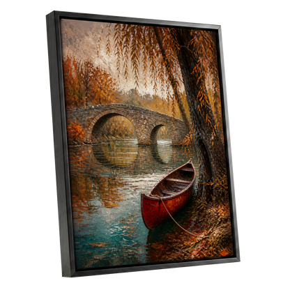Autumn Mooring, brown, orange, green nature wall art shown as a black framed canvas wall art