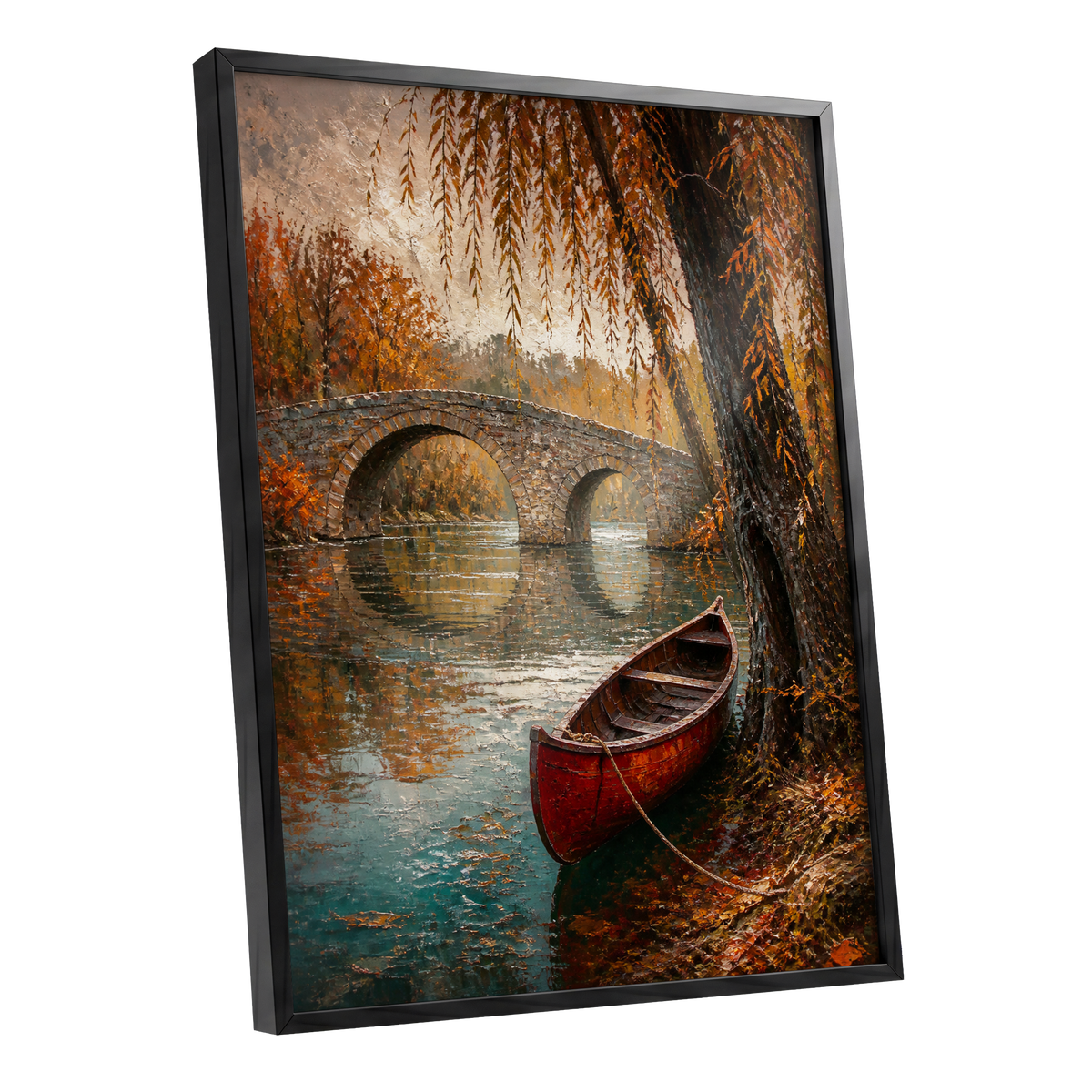 Autumn Mooring, brown, orange, green nature wall art shown as a black framed poster wall art print