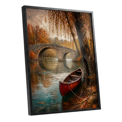 Autumn Mooring, brown, orange, green nature wall art shown as a black framed poster wall art print