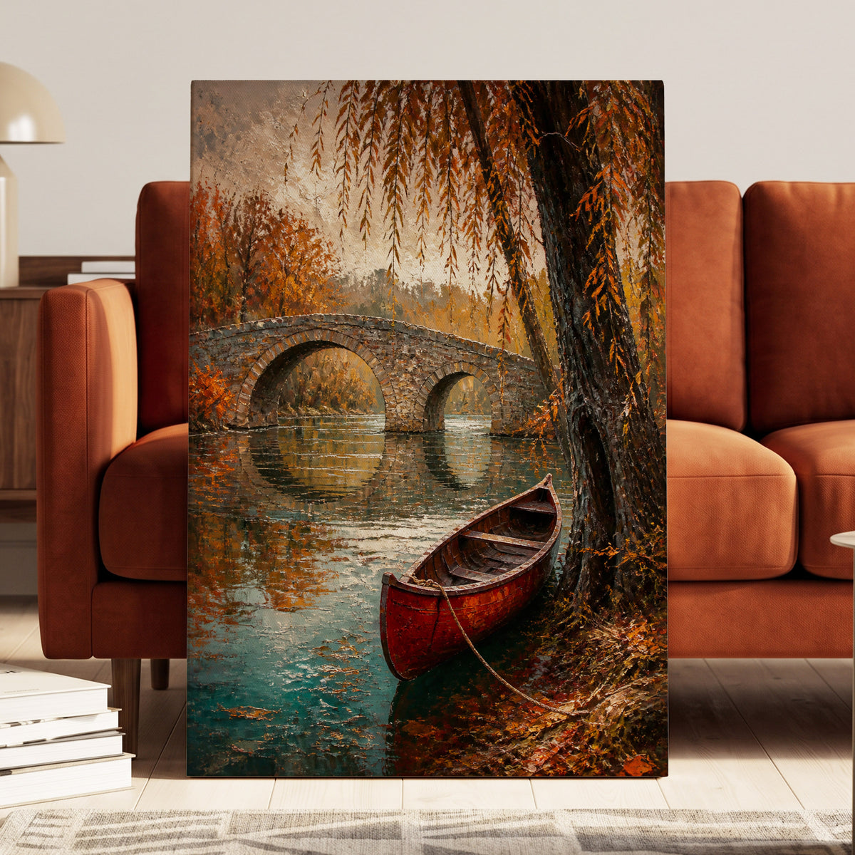 Autumn Mooring, brown, orange, green nature wall art on canvas displayed in a styled interior, gallery view 1