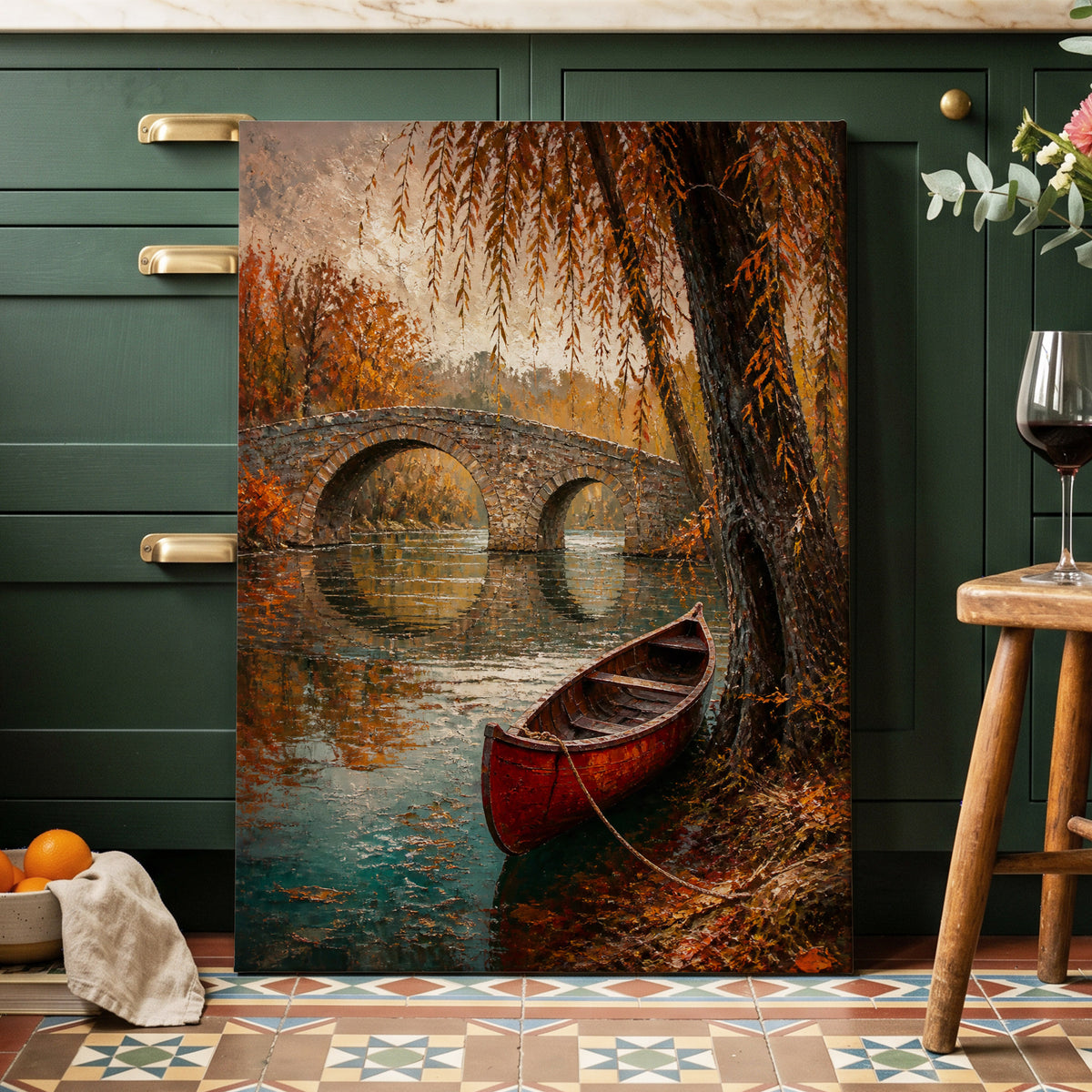 Autumn Mooring, brown, orange, green nature wall art on canvas displayed in a styled interior, gallery view 2
