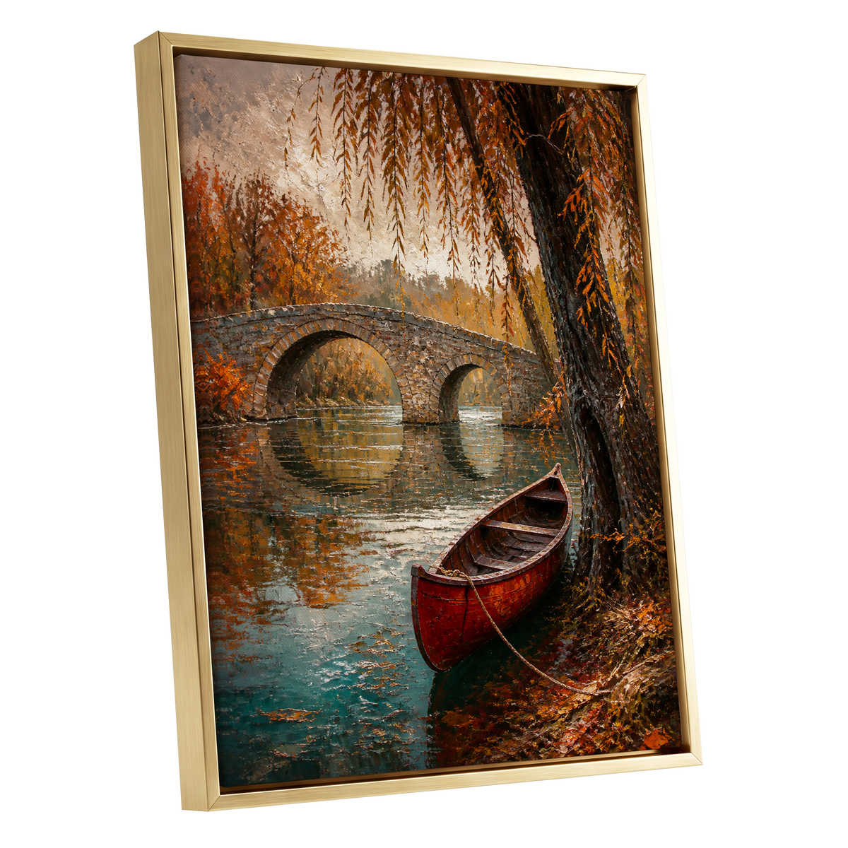 Autumn Mooring, brown, orange, green nature wall art shown as a gold framed canvas wall art