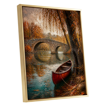 Autumn Mooring, brown, orange, green nature wall art shown as a gold framed canvas wall art