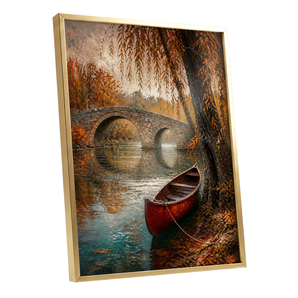 Autumn Mooring, brown, orange, green nature wall art shown as a gold framed poster wall art print