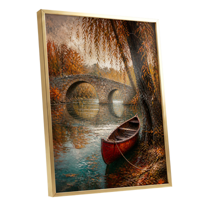 Autumn Mooring, brown, orange, green nature wall art shown as a gold framed poster wall art print