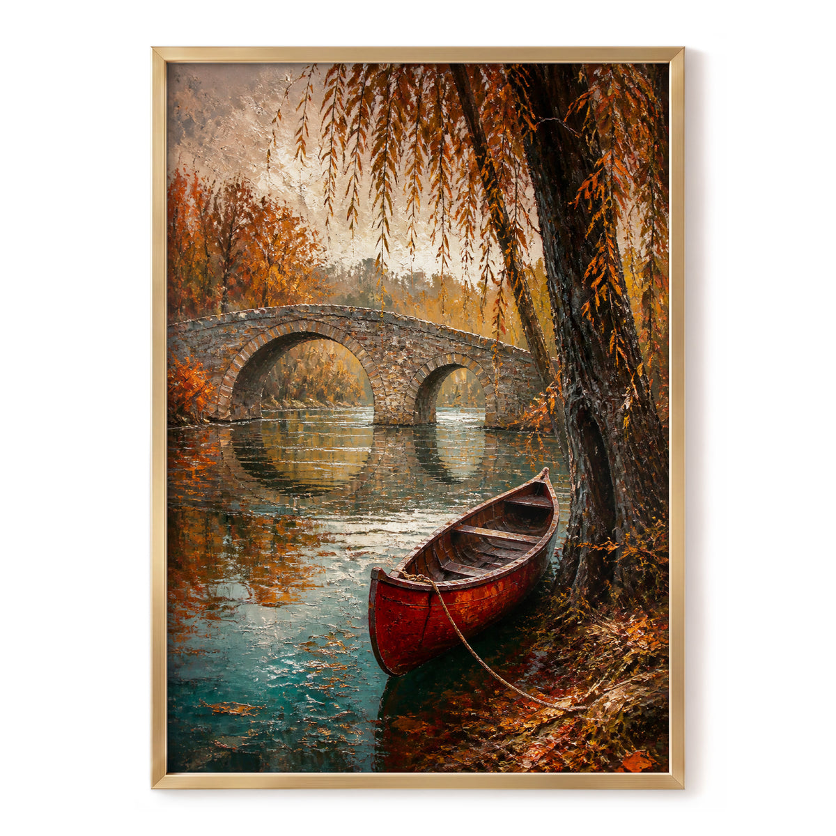 Autumn Mooring, brown, orange, green nature wall art, front artwork view