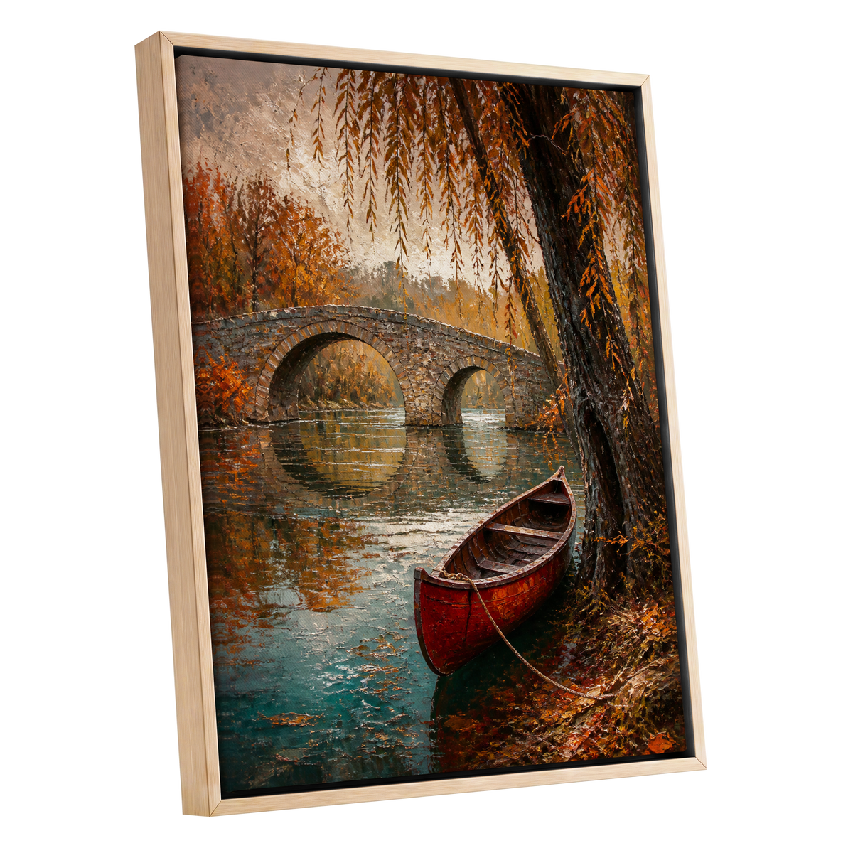 Autumn Mooring, brown, orange, green nature wall art shown as a oak framed canvas wall art