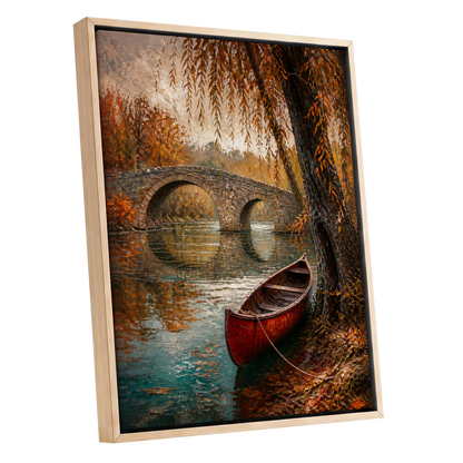 Autumn Mooring, brown, orange, green nature wall art shown as a oak framed canvas wall art