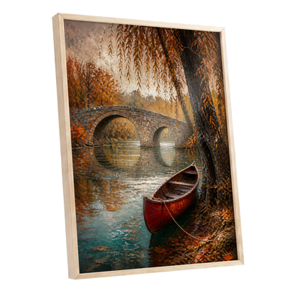 Autumn Mooring, brown, orange, green nature wall art shown as a oak framed poster wall art print