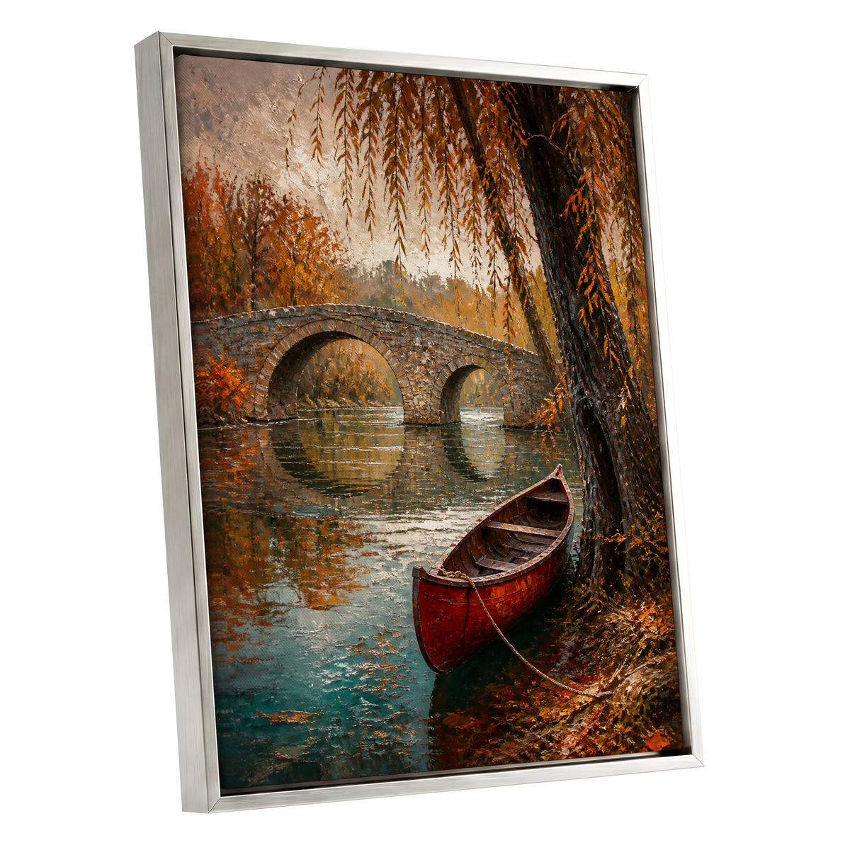 Autumn Mooring, brown, orange, green nature wall art shown as a silver framed canvas wall art