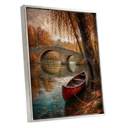 Autumn Mooring, brown, orange, green nature wall art shown as a silver framed canvas wall art