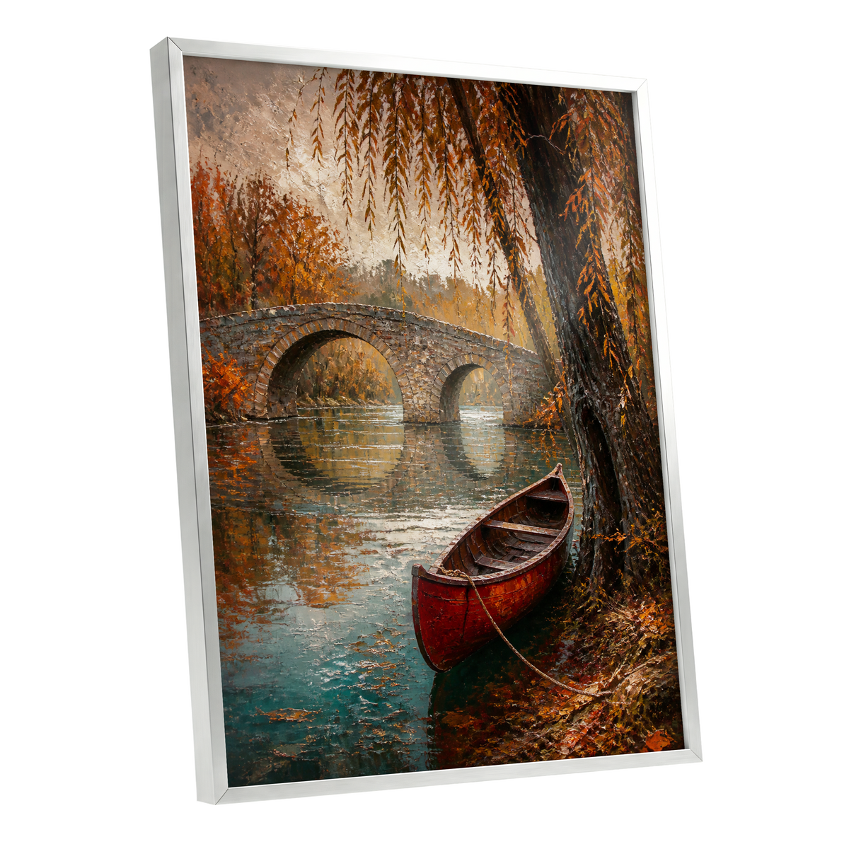 Autumn Mooring, brown, orange, green nature wall art shown as a silver framed poster wall art print