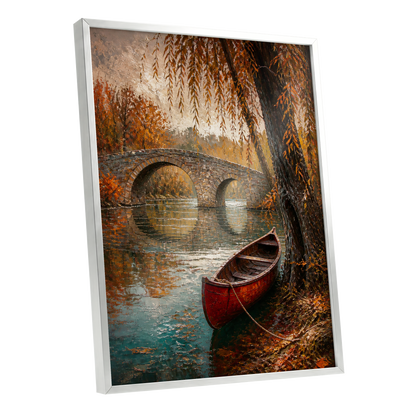 Autumn Mooring, brown, orange, green nature wall art shown as a silver framed poster wall art print