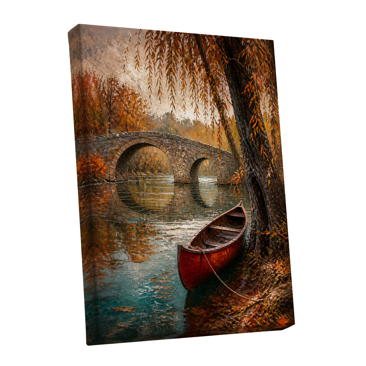 Autumn Mooring, brown, orange, green nature wall art shown as a stretched canvas wall art