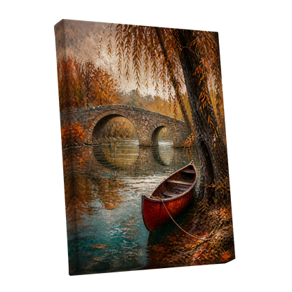 Autumn Mooring, brown, orange, green nature wall art shown as a stretched canvas wall art