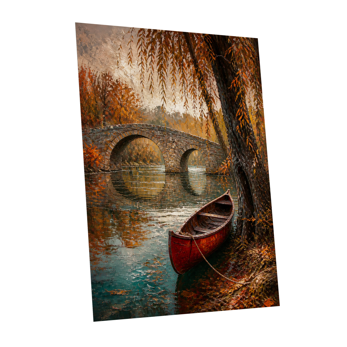 Autumn Mooring, brown, orange, green nature wall art shown as a unframed poster wall art print