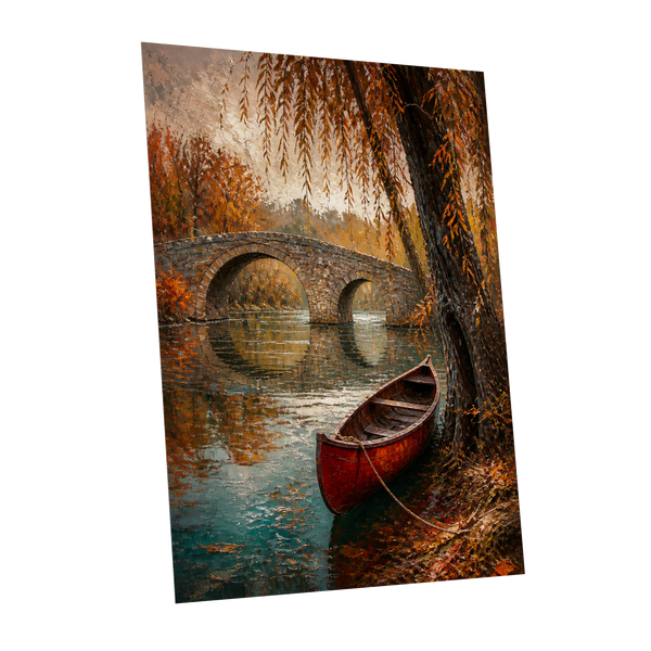 Autumn Mooring, brown, orange, green nature wall art shown as a unframed poster wall art print