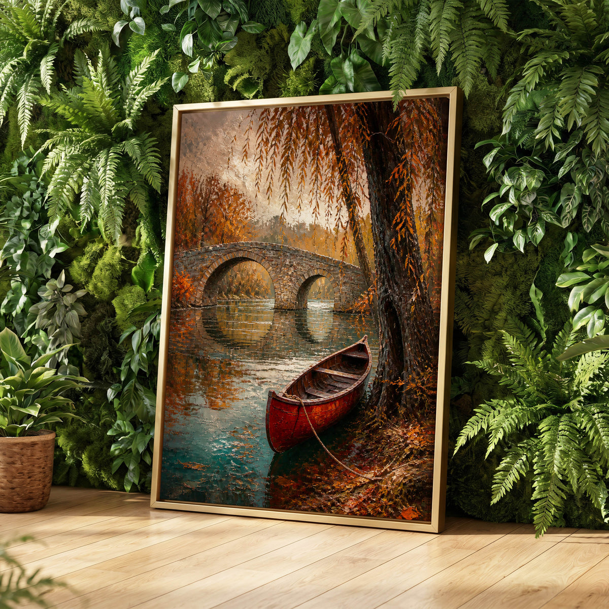 Autumn Mooring, brown, orange, green nature wall art displayed in a styled interior, gallery view 1