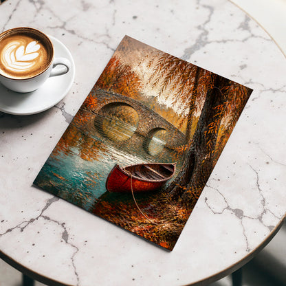 Autumn Mooring, brown, orange, green nature wall art displayed in a styled interior, gallery view 2