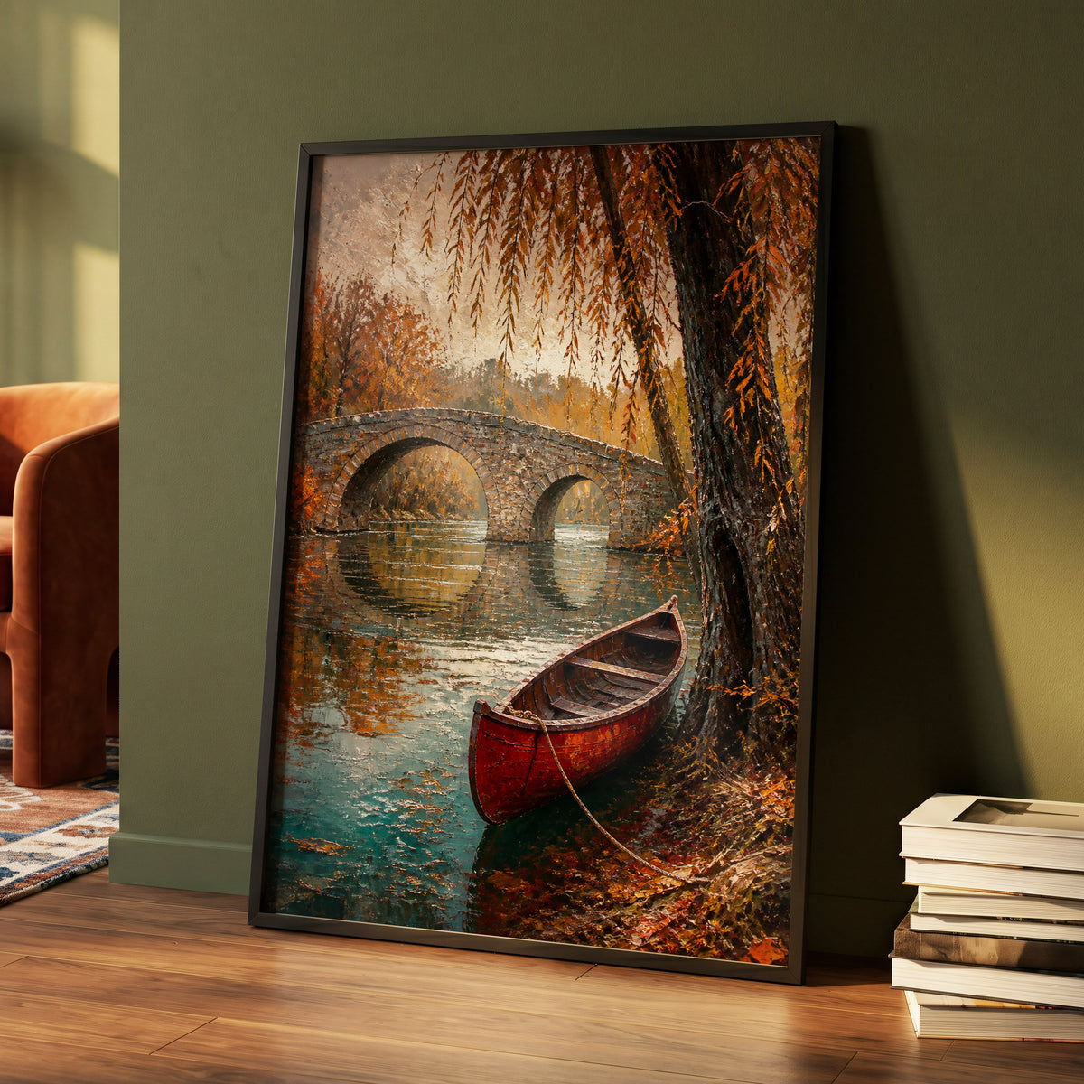 Autumn Mooring, brown, orange, green nature wall art displayed in a styled interior, gallery view 3