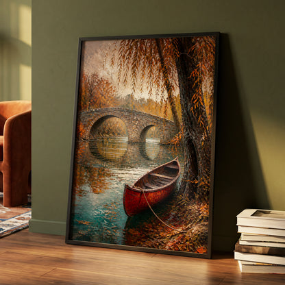 Autumn Mooring, brown, orange, green nature wall art displayed in a styled interior, gallery view 3