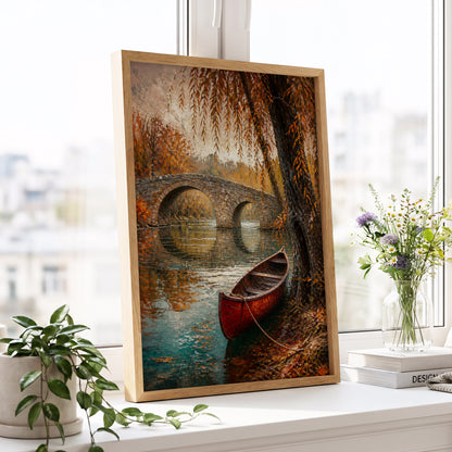 Autumn Mooring, brown, orange, green nature wall art displayed in a styled interior, gallery view 4