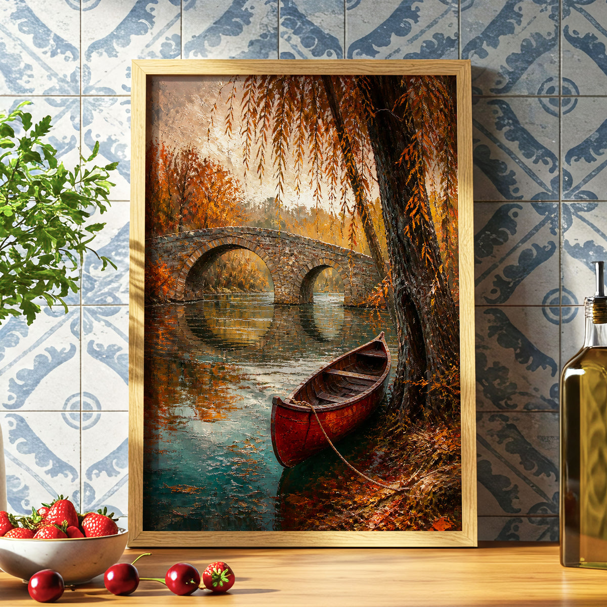 Autumn Mooring, brown, orange, green nature wall art displayed in a styled interior, gallery view 5